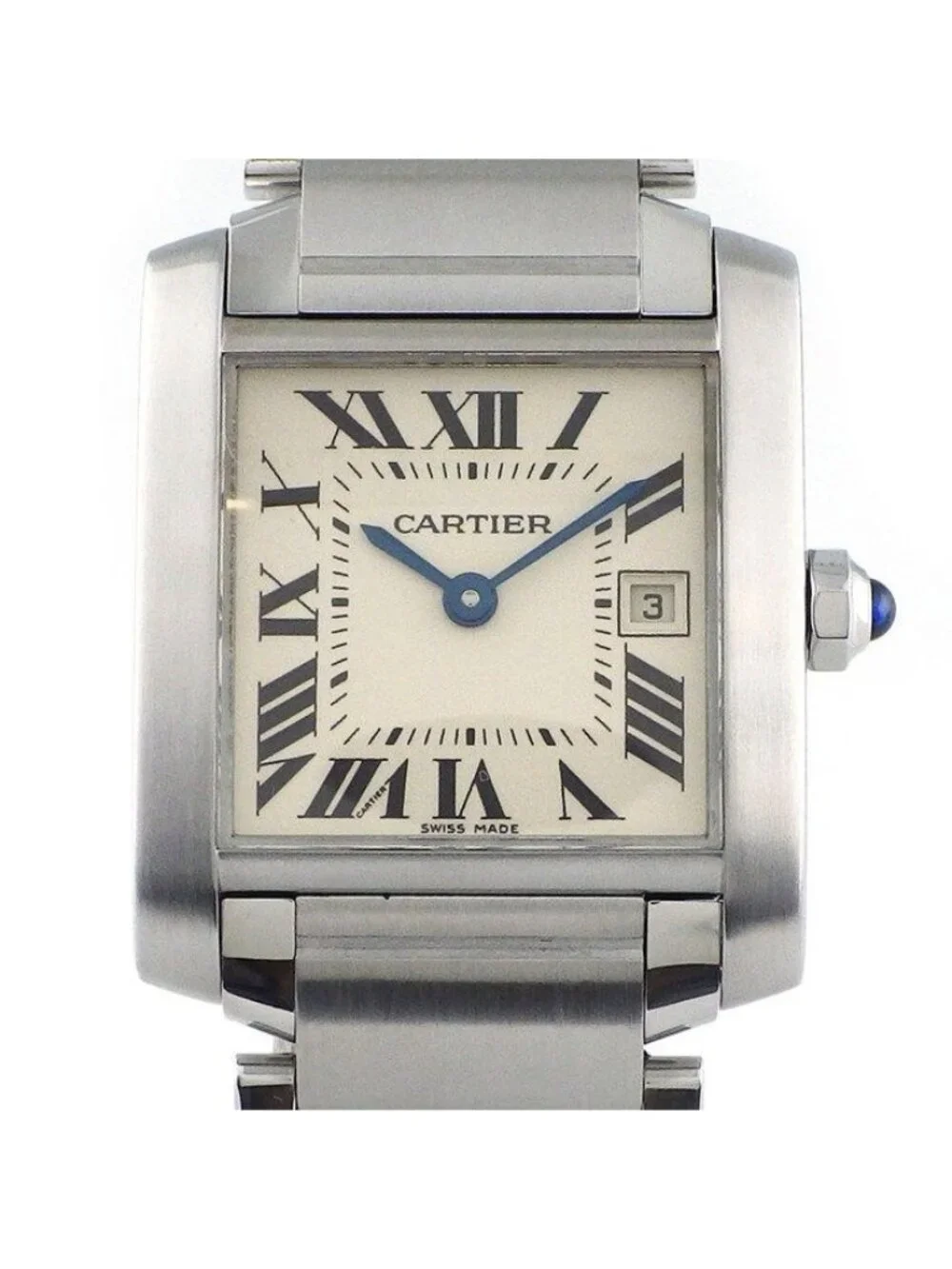 Cartier Watch Tank Francaise MM Square Ivory Dial Roman Index Date SS Quartz